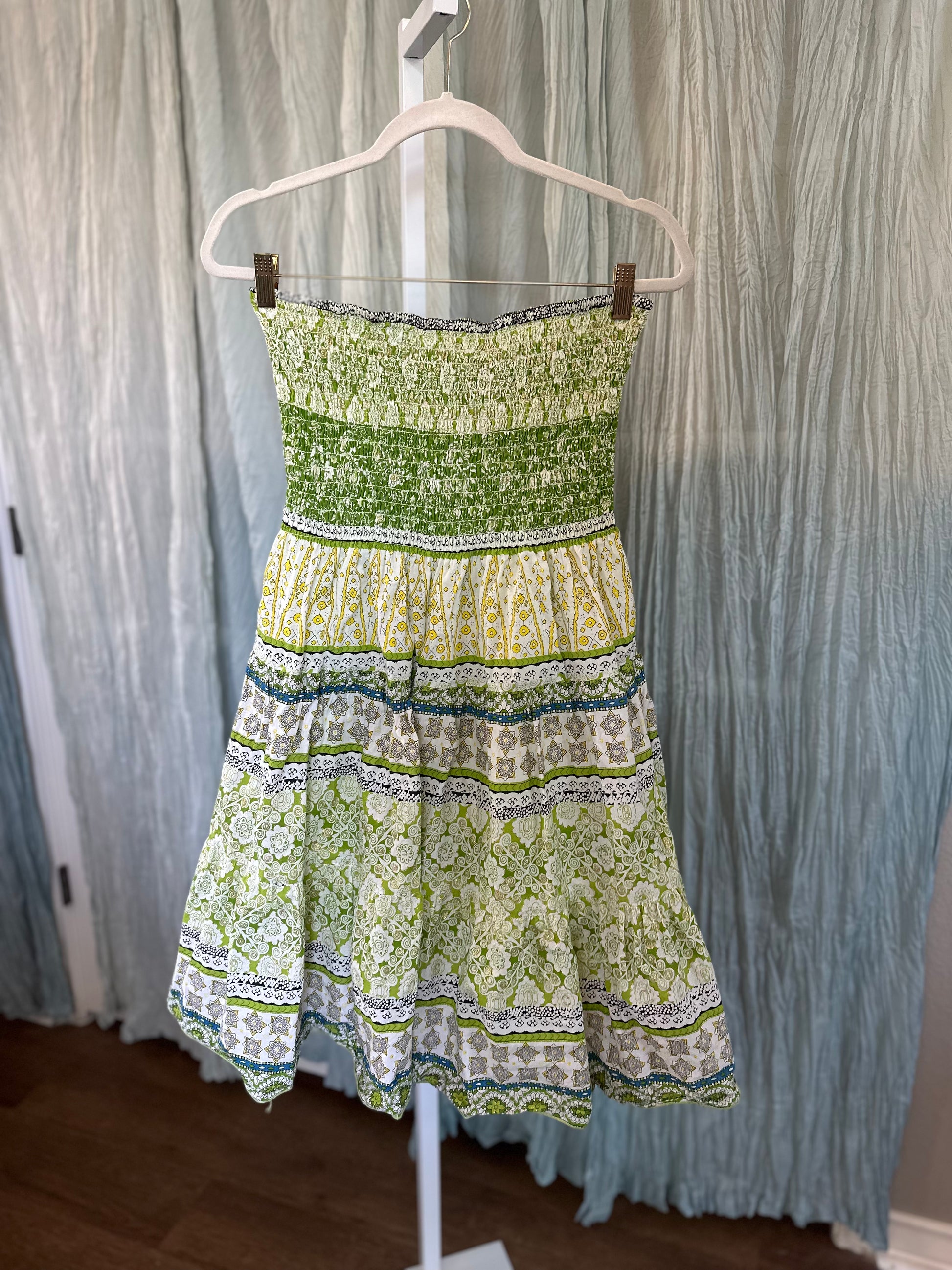 Strapless Green Boho Sundress with Gold Flecks
