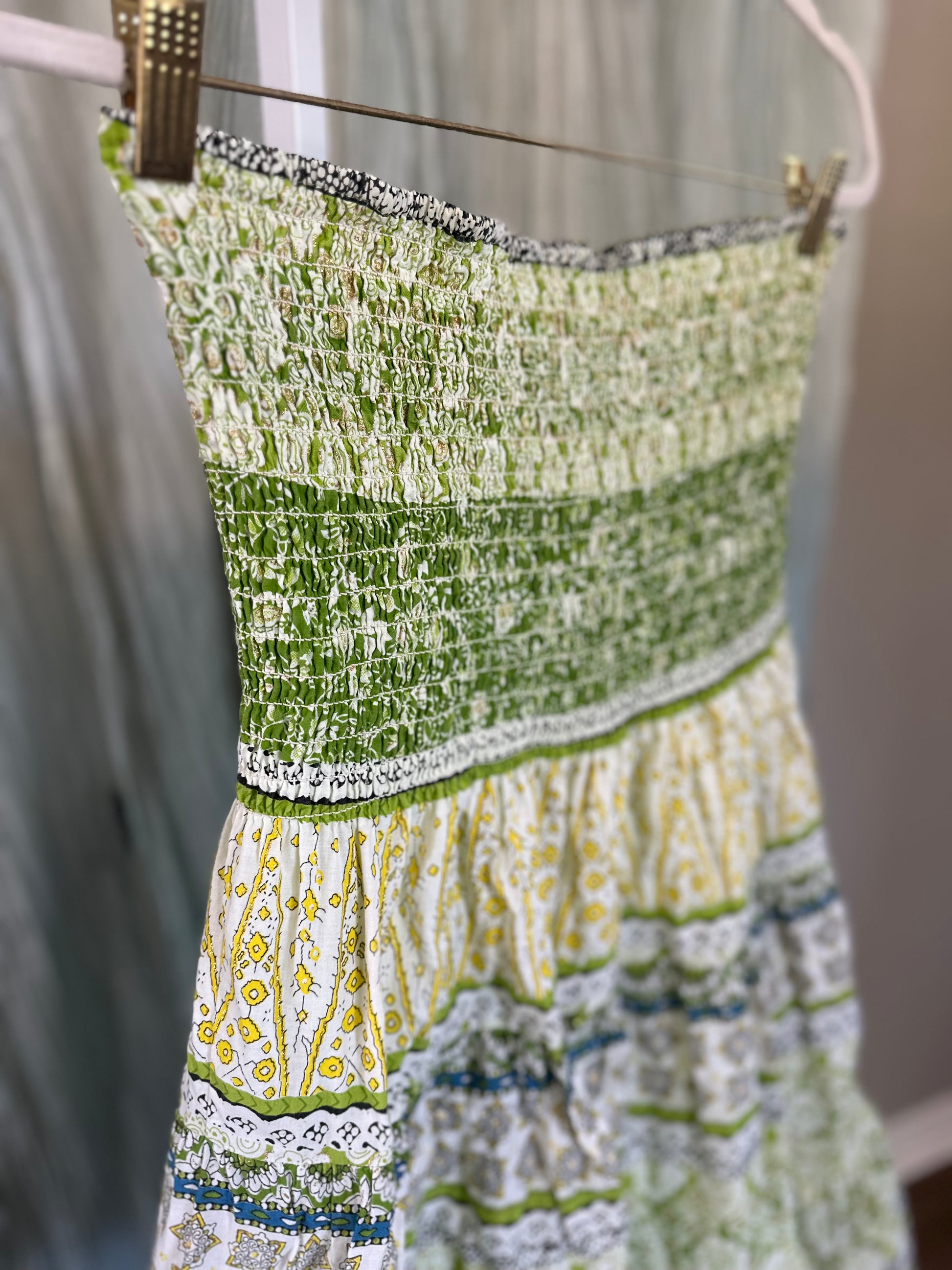 Strapless Green Boho Sundress with Gold Flecks