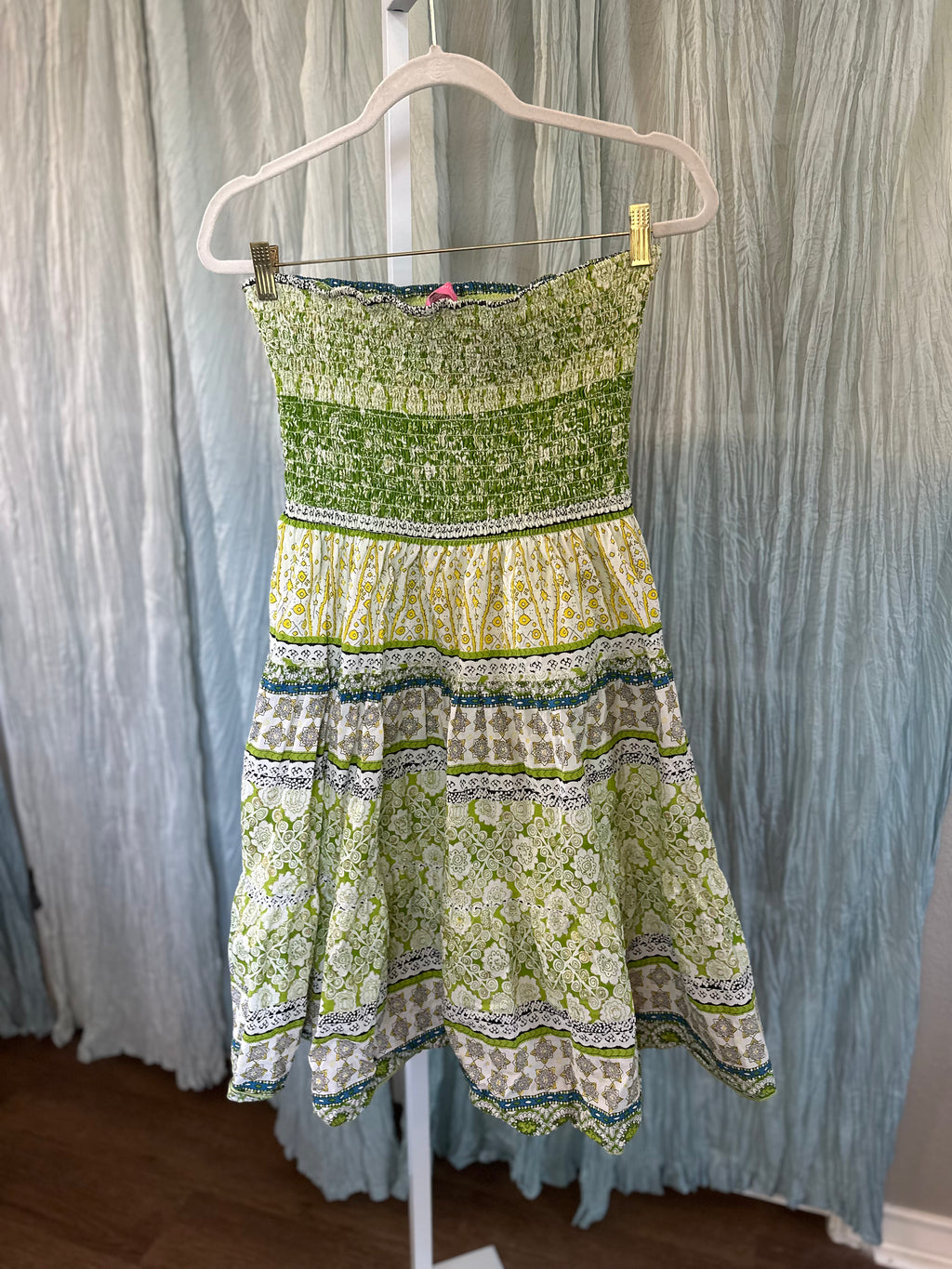 Strapless Green Boho Sundress with Gold Flecks