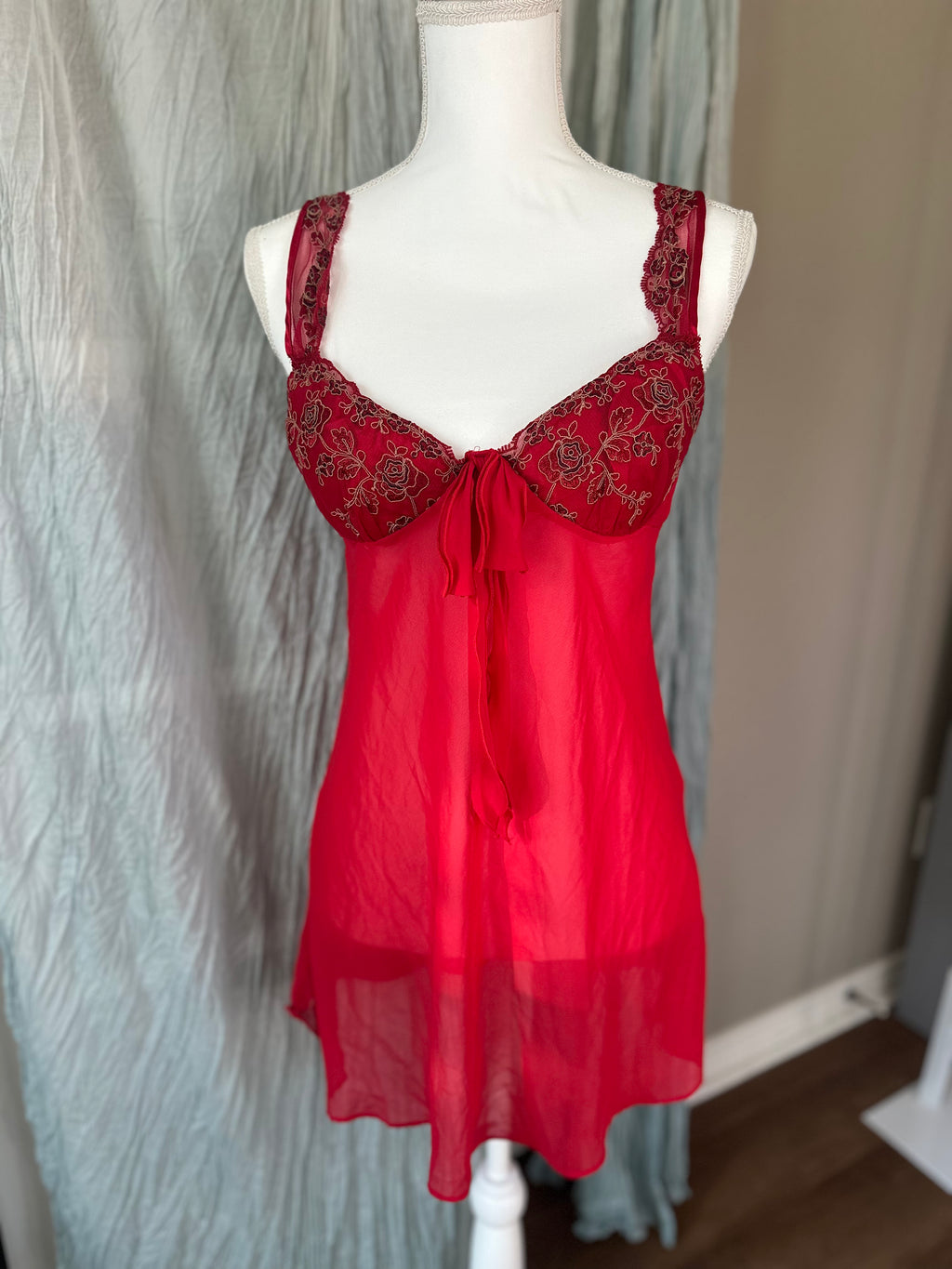 Red and Gold Embroidered Floral Lingerie Top
